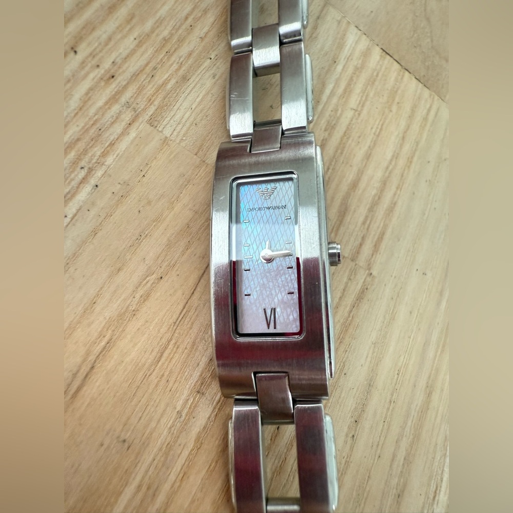 Emporio Armani ladies rectangular stainless steel dress watch NEW BATTERY